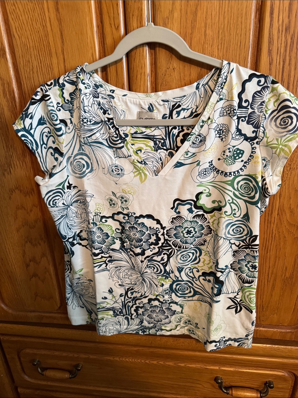 Chicos White Floral V-Neck Top with Navy & Green Print